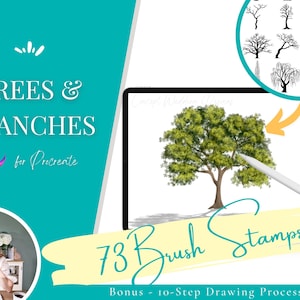 Può includere: Un set di prodotti digitali intitolato Trees & Branches for Procreate contenente 73 timbri a pennello. L'immagine mostra lo schermo di un tablet con l'illustrazione di un albero verde, un inserto circolare con sagome di alberi e del testo.