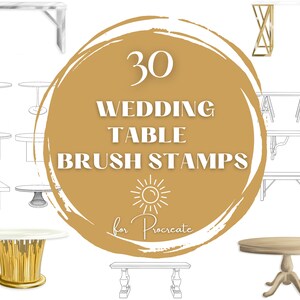 Op de afbeelding: Een set van 30 bruiloftstafel penseelstempels voor Procreate. De afbeelding toont verschillende tafelstijlen, waaronder ronde, vierkante en rechthoekige tafels. De stempels zijn perfect voor het maken van huwelijksuitnodigingen, save the dates en andere huwelijkspapieren.