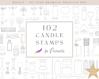 Peut inclure: Une collection numérique de 102 tampons bougies pour Procreate, présentant des illustrations au trait noir de divers bougeoirs, lanternes et bougies. Le texte indique : BONUS - 10-STEP DRAWING PROCESS PDF, 102 CANDLE STAMPS for Procreate.