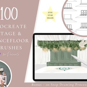 May include: A digital illustration of a stage with a green backdrop and white curtains. The stage is decorated with greenery and lights. The image is displayed on a tablet screen. The text "100 Procreate Stage & Dancefloor Brushes for Procreate" is displayed on the left side of the image. The text "Bonus - 10-Step Drawing Process PDF" is displayed at the bottom of the image.
