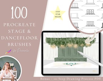 Peut inclure: Une illustration numérique d'une scène avec un fond vert et des rideaux blancs. La scène est décorée de verdure et de lumières. L'image est affichée sur l'écran d'une tablette. Le texte "100 Procreate Stage & Dancefloor Brushes for Procreate" est affiché sur le côté gauche de l'image. Le texte "Bonus - 10-Step Drawing Process PDF" est affiché en bas de l'image.