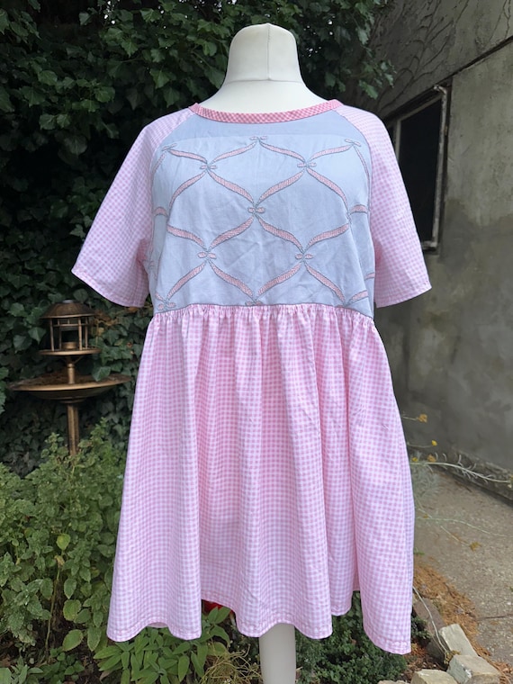 Upcycled Embroidered Gingham Smock Dress