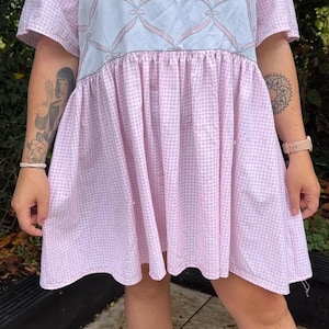 Upcycled Embroidered Gingham Smock Dress