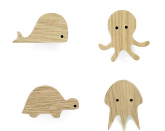 Sea Creatures Untreated Oak Handles (Turtle Whale Octopus Jellyfish) Furniture Knob Dresser Drawer Door Nursery Baby Gift