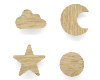 Poignées en chêne non traité (Sun Moon Star Cloud) Bouton de meuble Commode Tiroir Placard Porte Chambre d'enfant Cadeau pour bébé