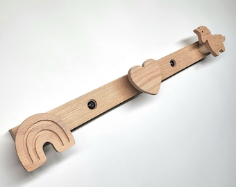 Solid oak coat rack, wall coat rack, picture rail, hook rail, children&#39;s room, hallway entrance, rainbow, unicorn, heart