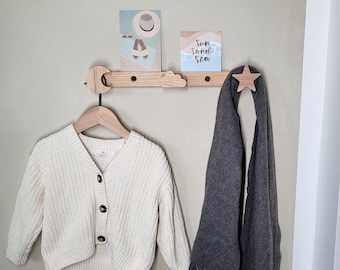 Wardrobe made of solid oak wood, wall wardrobe, picture rail, hook rail, children, children&#39;s room, hallway entrance, moon, stars, cloud, sky