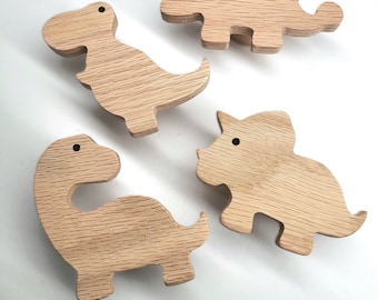 Manijas de dinosaurio de madera de roble sin tratar (T-Rex Brachio Stego Tricera), pomo para muebles, cajón de tocador, puerta, guardería, regalo para bebé