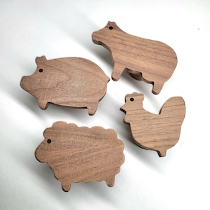 Farm wall hook made of untreated walnut wood (sheep cow pig chicken) wardrobe coat hook children&#39;s room hallway baby gift
