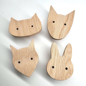 Animal wall hooks made of untreated oak wood (dog cat rabbit fox) wardrobe coat hook children&#39;s room hallway baby gift