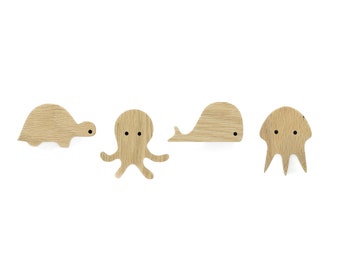 Sea creatures wall hook made of untreated oak wood (turtle whale octopus jellyfish) wardrobe coat hook children's room hallway baby gift