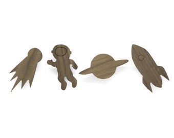 Space wall hook made of untreated walnut wood (astronaut rocket comet planet) wardrobe coat hook children's room hallway baby gift