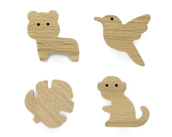 Jungle Untreated Oak Handles (Monkey Tiger Monstera Hummingbird) Furniture Knob Dresser Drawer Door Nursery Baby Gift