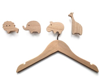 Wooden hangers for children's clothing to match the animal wall hook sets made of oak