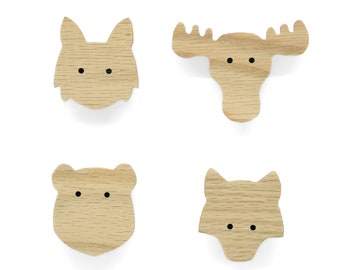 Scandinavian Animals Untreated Oak Handles (Moose Bear Wolf Lynx) Furniture Knob Dresser Drawer Door Nursery Baby Gift