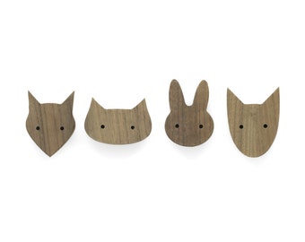 Animal wall hooks made of untreated walnut wood (dog cat rabbit fox) wardrobe coat hook children's room hallway baby gift