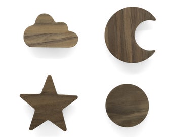 Untreated Walnut Handles (Sun Moon Star Cloud) Furniture Knob Dresser Drawer Cupboard Door Nursery Baby Gift