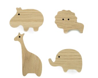 African Animals Untreated Oak Handles (Elephant Lion Giraffe Hippopotamus) Furniture Knob Dresser Drawer Nursery Gift