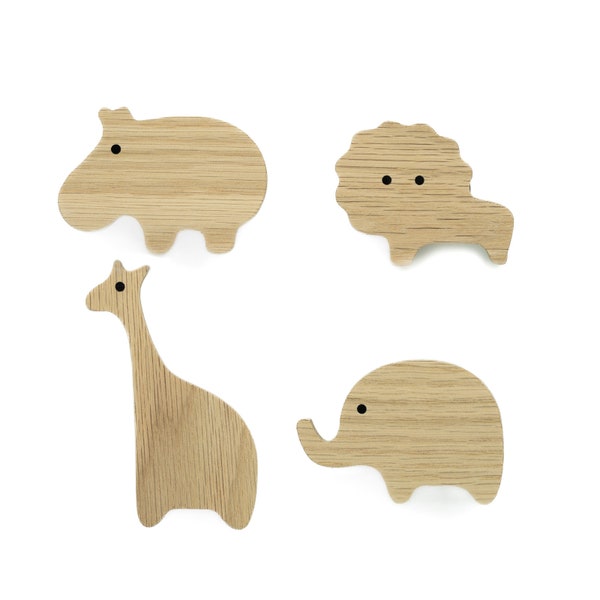 African Animals Untreated Oak Handles (Elephant Lion Giraffe Hippopotamus) Furniture Knob Dresser Drawer Nursery Gift