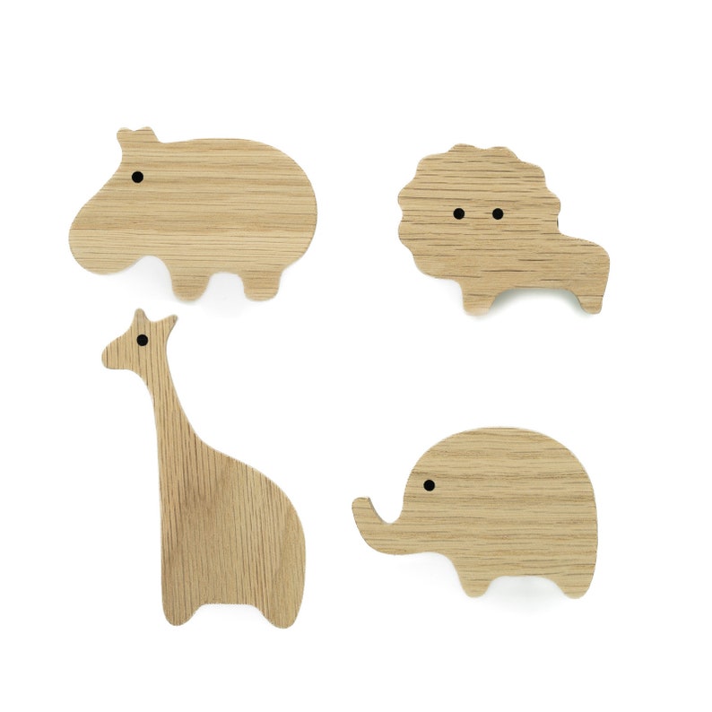 African Animals Untreated Oak Handles Elephant Lion Giraffe Hippopotamus Furniture Knob Dresser Drawer Nursery Gift 4x Mixed/Gemischt