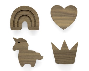 Fairy Tale Untreated Walnut Handles (Rainbow Heart Crown Unicorn) Furniture Knob Dresser Drawer Door Nursery Baby Gift