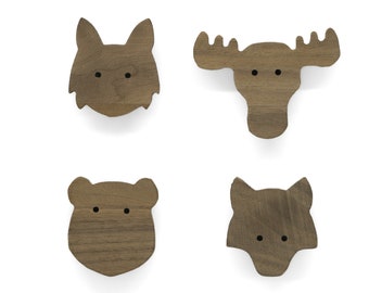 Scandinavian Animals Untreated Walnut Handles (Moose Bear Wolf Lynx) Furniture Knob Dresser Drawer Door Nursery Baby Gift