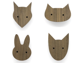 Animal handles made of untreated walnut wood (dog cat rabbit fox) furniture knob dresser drawer door nursery baby gift