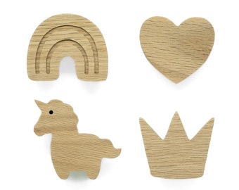 Fairy Tale Untreated Oak Handles (Rainbow Heart Crown Unicorn) Furniture Knob Dresser Drawer Door Nursery Baby Gift