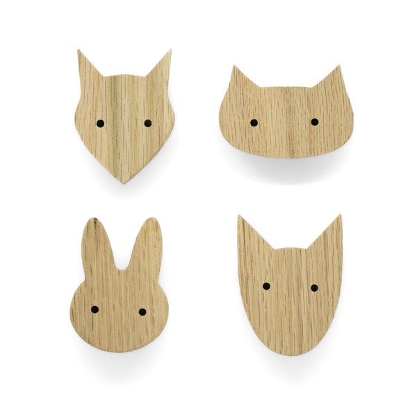 Poignées d'animaux en chêne non traité (chien chat lapin renard) bouton de meuble commode tiroir porte pépinière cadeau bébé