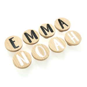 Ganchos de pared personalizados de roble, madera, redondos, percheros, armario, dormitorio, baño, habitación infantil, decoración, texto, letras
