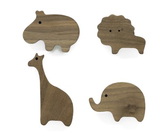 African Animals Unfinished Walnut Handles (Elephant Lion Giraffe Hippopotamus) Furniture Knob Dresser Drawer Nursery Gift