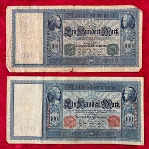 TWO - 1910 German 100 Mark Banknotes - Red Seal and rarer Gren Seel - Watermarks clearly visable - LOT BN 002