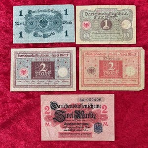 German Banknotes - Collection of five different WWI era banknotes - all have watermarks clearly visible - Lot BN 004