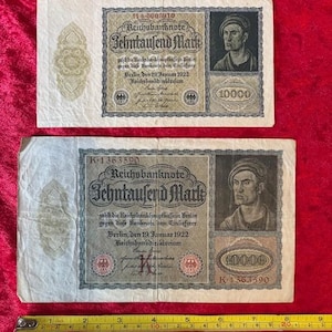 Two German 10,000 Mark Banknotes - One oversized, both dated 1922 - Great watermarks - Lot BN011