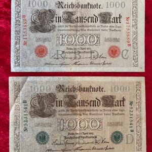 TWO - German 1000 Mark Banknotes - 1910 - one red seal & one green seal - Lot BN 003