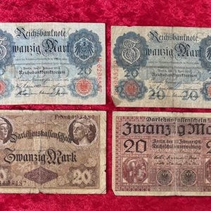 Four different German 20 Mark Banknotes - Dated 1910, 1914, 1918 and 1920 - Clear Watermarks - Lot BN005