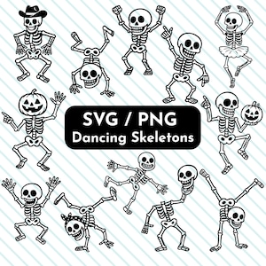 May include: Black and white SVG/PNG digital art featuring dancing skeletons in various poses. One skeleton wears a cowboy hat, another a tutu, and one holds a pumpkin. The text "SVG / PNG Dancing Skeletons" is displayed.
