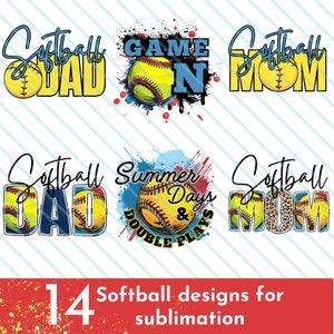 K&ouml;nnte beinhalten: 14 digitale Designs zum Sublimieren mit Softball-Grafiken. Die Designs beinhalten einen gelben Softball mit N&auml;hten, Text mit der Aufschrift "Softball Dad", "Softball Mom", "Game On", "Summer Days & Double Plays" und ein Leopardenmuster.