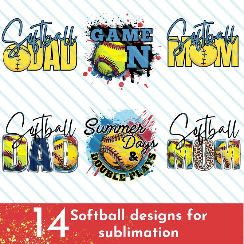 K&ouml;nnte beinhalten: 14 digitale Designs zum Sublimieren mit Softball-Grafiken. Die Designs beinhalten einen gelben Softball mit N&auml;hten, Text mit der Aufschrift "Softball Dad", "Softball Mom", "Game On", "Summer Days & Double Plays" und ein Leopardenmuster.