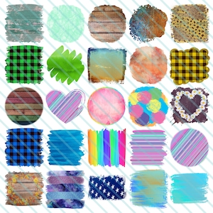 May include: A set of 25 digital clipart images featuring various textures and patterns. The images include wood grain, stripes, plaid, polka dots, and watercolor washes. The images are in a variety of colors, including blue, green, pink, yellow, and brown.