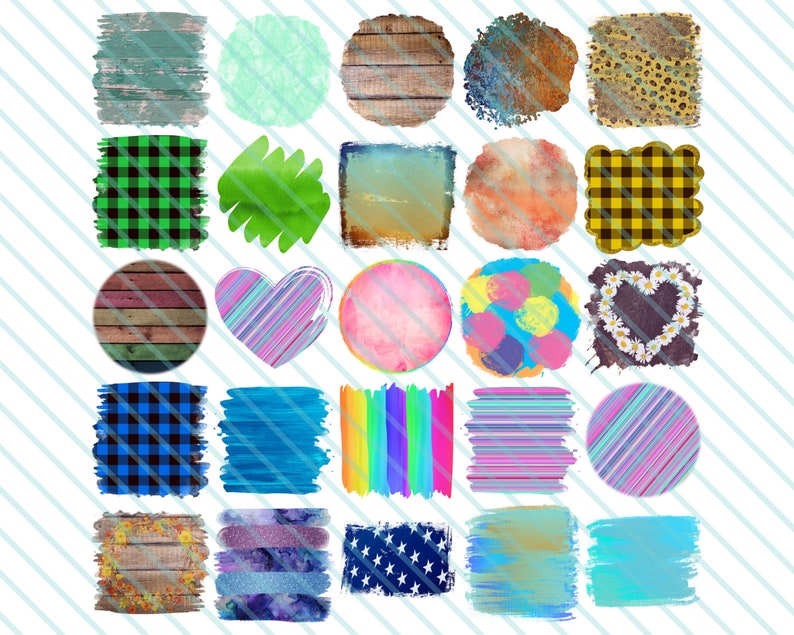 May include: A set of 25 digital clipart images featuring various textures and patterns. The images include wood grain, stripes, plaid, polka dots, and watercolor washes. The images are in a variety of colors, including blue, green, pink, yellow, and brown.