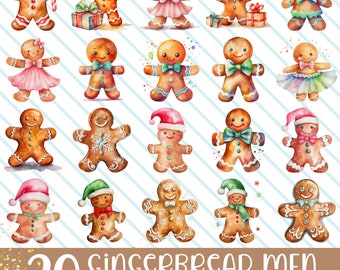 May include: Twenty watercolor illustrations of gingerbread people in various poses and outfits, including a candy cane, bow tie, and a snowflake. The illustrations are on a blue and white striped background with gold glitter accents. The text "20 gingerbread men for sublimation" is at the bottom of the image.