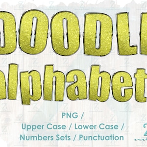 Digital Download - Sublimation PNG - PNG Clipart Bundle Alphabet Pack - Letters & Numbers - Doodle Stitch Font Glitter Yellow