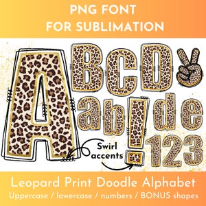 Pacote de Letras do Alfabeto Doodle PNG - Fonte Doodle com Estampa de Leopardo Brilhante | Estampa Animal de Chita | Alfabeto Doodle de Sublimação PNG