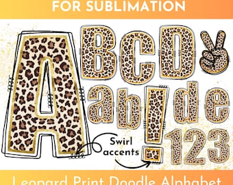 May include: Leopard print doodle alphabet font in uppercase, lowercase, and numbers. The letters and numbers are outlined in gold and have a leopard print pattern. The font includes bonus shapes, such as a peace sign.