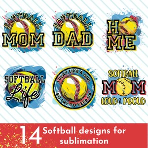K&ouml;nnte beinhalten: 14 Softball-Designs zum Sublimieren. Die Designs zeigen einen gelben Softball mit roten N&auml;hten, blauem und gelbem Text und einem bunten Farbspritzer-Hintergrund.