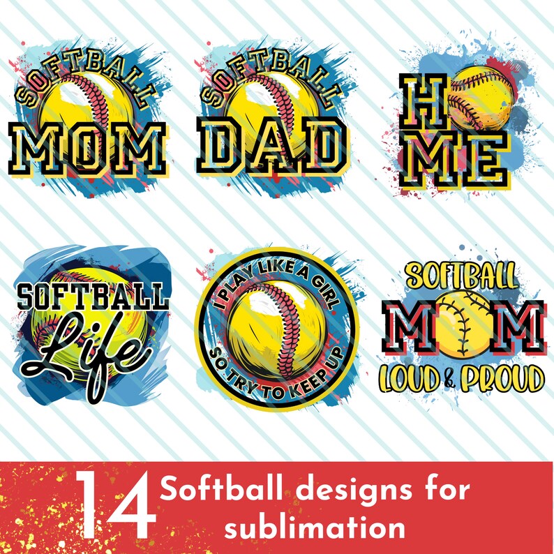 K&ouml;nnte beinhalten: 14 Softball-Designs zum Sublimieren. Die Designs zeigen einen gelben Softball mit roten N&auml;hten, blauem und gelbem Text und einem bunten Farbspritzer-Hintergrund.