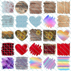 May include: A set of 20 digital scrapbook paper designs featuring various textures and patterns, including wood, plaid, hearts, sunflowers, and watercolor. The designs are perfect for crafting projects, scrapbooking, and digital design.