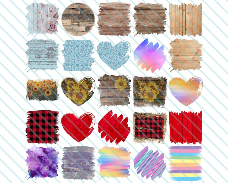 May include: A set of 20 digital scrapbook paper designs featuring various textures and patterns, including wood, plaid, hearts, sunflowers, and watercolor. The designs are perfect for crafting projects, scrapbooking, and digital design.