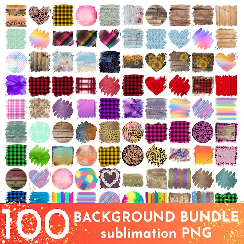 May include: A set of 100 sublimation background designs in PNG format. The designs include various patterns, textures, and colors, such as plaid, leopard print, wood grain, and watercolor.